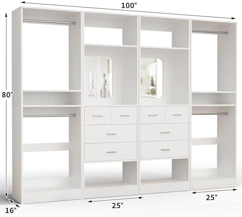 Unikito 100” Closet System with Drawers, 8.3FT Wood Closet Organizer with Hanging Rods and Mirror Design, Reversible Large Walk in Wardrobe Garment Rack with Shelves, Sturdy Closet Tower, White
