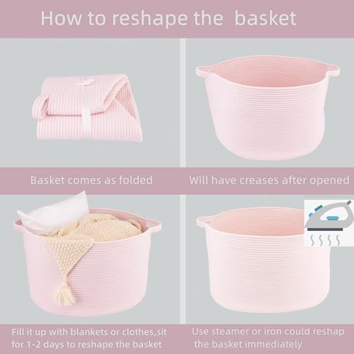 XUANGUO Extra Large Cotton Rope Round Storage Basket 22" x 14" Pink | Woven basket for blankets, toys, towels, laundry, nursery, living room and pet toy storage.