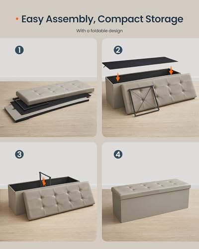 SONGMICS HOME Foldable Foot Rest Stool, Storage Ottoman, Tufted Design, PU Leather, for Entryway, Living Room, 43.2 Inches, Khaki