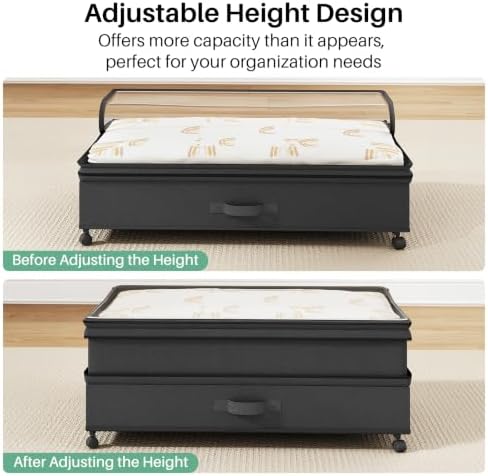 Kitstorack 2Pack Height-adjustable Under Bed Storage with Wheels, Under Bed Storage Containers,Under Bed Shoe Storage Organizer with Clear Window&Label, Suitable for Clothes Storage, Black