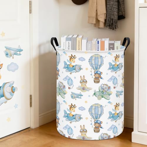 Round Fabric Collapsible Storage Basket with Handles, Airplane Animal