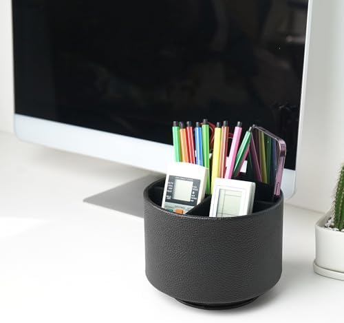 Round Leather Art Supply Organizer,Remote Control Holder,360 Degree Spinning,Multi-Functional Pencil Holder,4 Compartments Desktop Stationary Organizer(1-Lichee Black)