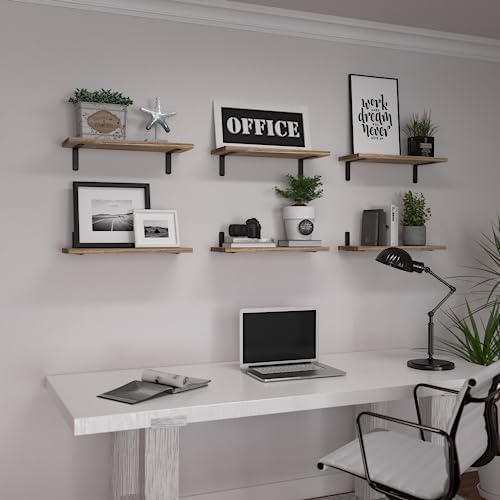 WOPITUES Wood Floating Shelves Set of 6, Shelves for Wall Decor, Farmhouse Shelf for Bedroom, Bathroom Storage Shelves, Book Shelves for Living Room - Rustic Brown (Pack of 2)