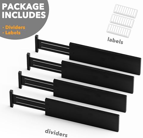 SpaceAid Bamboo 4 Pack Dresser Drawer Dividers, 4.65“ High Adjustable 17“-22” Drawer Organizers, Expandable Organization for Clothing, Clothes, Dressers, Black