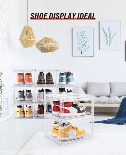 Clear Shoe Boxes Stackable 10 Pack Shoe Storage for Sneakerheads, Front Opening Shoe Organizer, Magnetic Door, Strong and Sturdy Fit for Large Size Shoes 14.96 x 10.24 x 7.87 inches