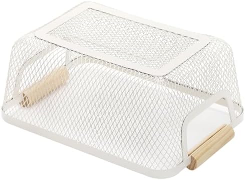 AJIODA 2Pack Metal Mesh Steel Basket, Small Wire Storage Organizer Basket Multi-function Hanging Kitchen Basket Fruit Basket with Wood Handle for Kitchen Picnic Cabinet Home Decor, Rectangle-Off White