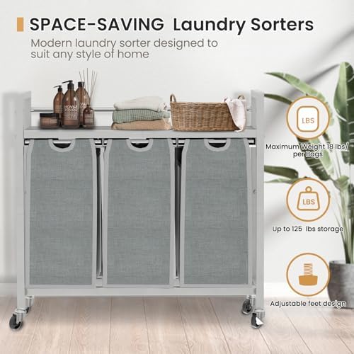 SwaaVee Laundry Sorter, Laundry Hamper 3 Section, 3×11.4Gal, Metal Frame Rolling Laundry Basket with Wooden Top Shelf, Pull out and Removable Laundry Bags, 3 Bags-Gray