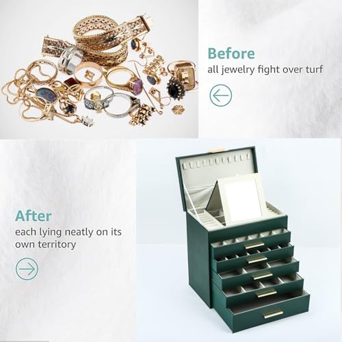 BOOVO Jewelry Boxes for Women, White and Black 6 Layer Large Jewelry Box for Necklace, Bracelet, Earrings, Rings Storage, Jewelry holder Organizer for Girls Gift (Retro Green, 6 Layer)