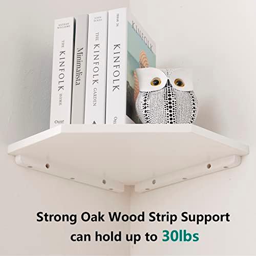 Corner Wall Shelf, Solid Oak Wood White Floating Corner Shelf Organizer with Wire Hole Small Plant Display for Kitchen Living Room Bedroom