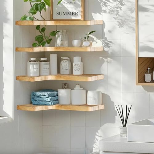 Floating Corner Shelves, Wall Shelf Set of 2, Shelves for Wall Storage, Solid Wood Shelves for Storage, Wall Mount Wooden Display Shelf for Bathroom Bedroom Kitchen Garage (Light 2pcs)