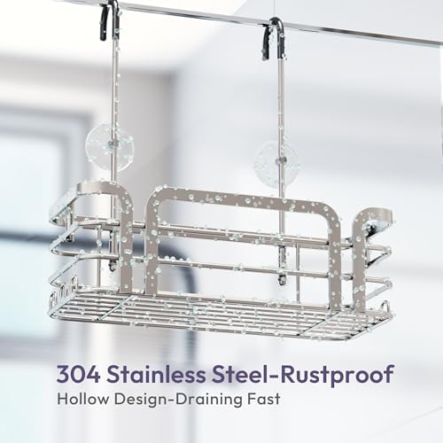SWTYMIKI Shower Caddy Hanging Organizer - Over the Door Shower Caddy with 6 Hooks, 2 Installation Ways, Stainless Steel Rustproof Bathroom Organizer, Sand Nickel