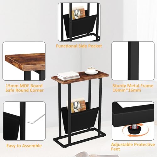 Yusong Narrow Side Table for Small Spaces, Small End Table with Magazine Holder, Skinny Slim Little Thin Table for Living Room, Bedroom, Sofa, Rustic Brown