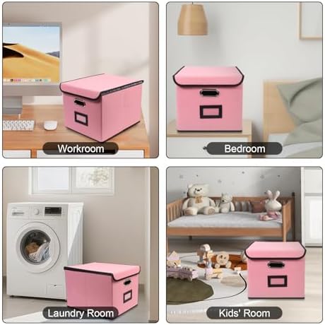 File Storage Box with Lid, 15.55x12.87x10.43 Inches, Foldable Organizer with Handles & Label Slot, for File Storage, Home, Office, and Closet Organization(Pink)