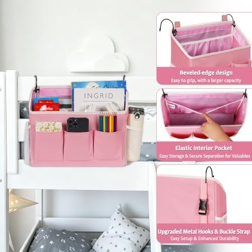 Loghot Bedside Caddy Organizer Bed Storage Bag for Dorm Hospital Crib Pink