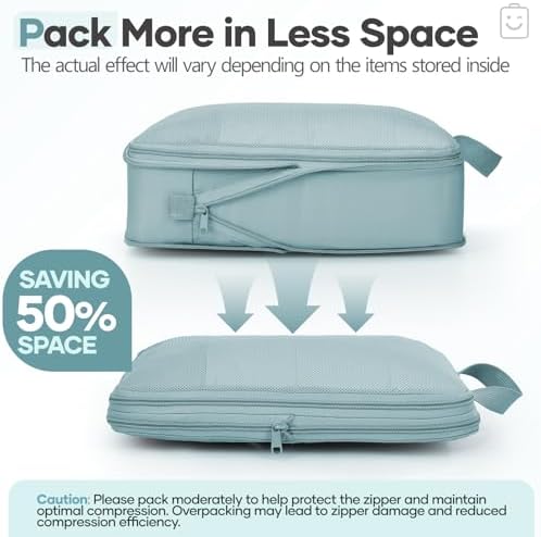 Veken 11 Set Compression Packing Cubes Garment Bags for Travel Essentials,Compressible Expandable Luggage Organizer Bags for Clothing,Space Saver Bags with Over 1000 pcs of Mesh Holes(Blue Gray)