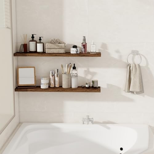 36Inch Floating Shelves for Wall 2 Pack Wood Shelves for Kitchen, Bathroom, Bedroom Wall Mounted Rustic Wood Floating Shelf with Invisible Brackets for Books, Storage, Decor, Rustic Brown