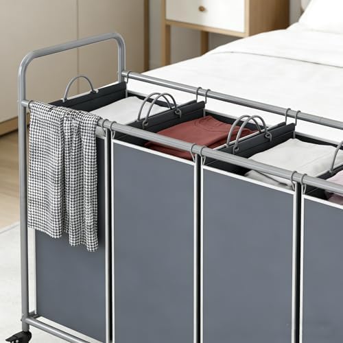 LINZINAR 4 Section Laundry Hamper, Grey Laundry Basket, 180L Laundry Sorter | Laundry Room Organization with Heavy Duty Rolling Lockable Wheels and Removable Bag, Bedroom Laundry Cart for Clothes Storage