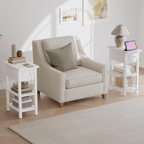 HOOBRO End Table with Charging Station, Flip Top Side Table with USB Ports, Narrow Nightstand Bedside Tables with Storage Shelves, for Small Space, Living Room, White WT141UBZ01