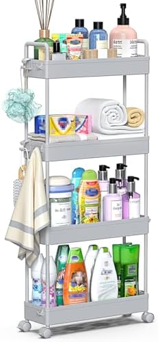 SOLEJAZZ Slim Rolling Storage Cart Skinny Bathroom Organizer, 4 Tier, Gray