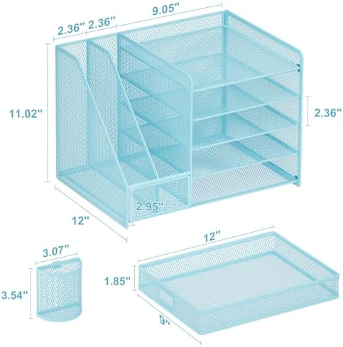 Marbrasse Desk Organizer with File Holder, 5-Tier Paper Letter Tray Organizer with Drawer and 2 Pen Holder, Mesh Desktop Organizer and Storage with Magazine Holder for Office Supplies(Blue)