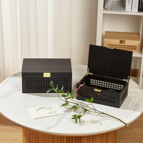 Decorative Rattan Storage Boxes Baskets with Lid Wooden Frame