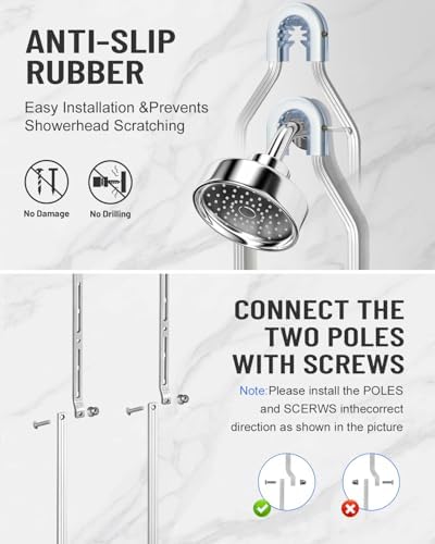 Adjustable Shower Caddy Hanging for Handheld Showerheads - Upgraded Never Rust Shower Hanging Organizer, Bathroom Shower Rack with Soap Basket, Hooks and Toothbrush Holder (Shiny Silver)