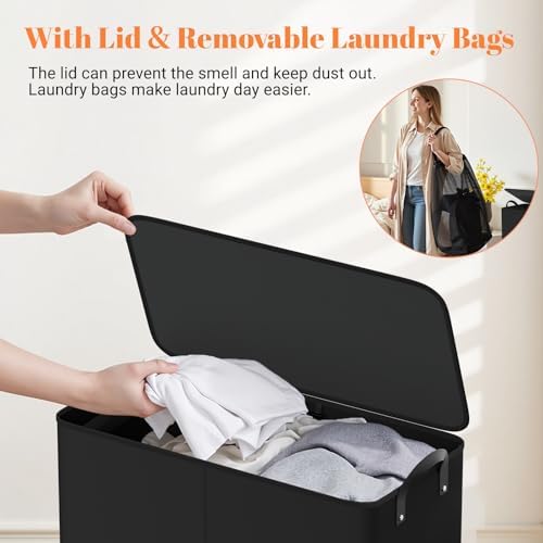 136L 2 Section Laundry Hamper with Lid, Laundry Basket, Black