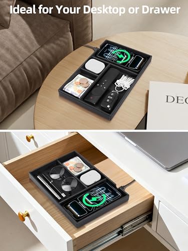 Valet Tray, Built-in Wireless Chargers, PU Leather Nightstand Organizer