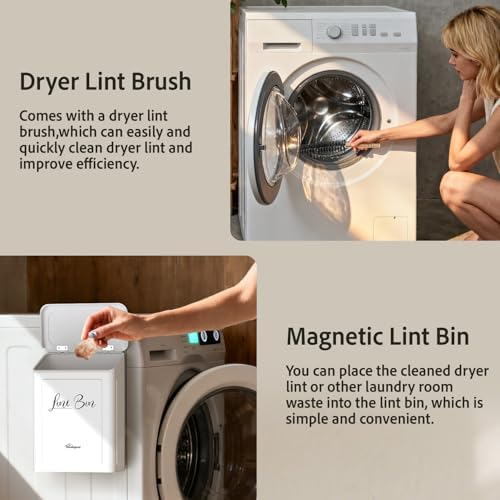Sealegend Magnetic Metal Lint Bin with Lid, Trash Can with Brush, White