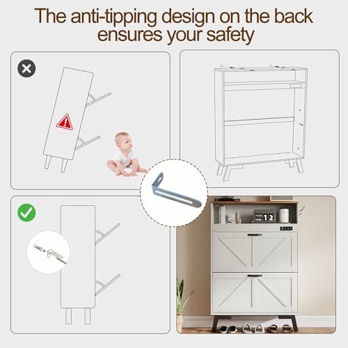Shoe Cabinet with Deodorizer, Narrow White Entryway Storage, Anti-Tip