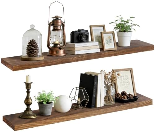 48x6.8x1.7in Solid Wood Floating Wall Shelf Set of 2 Oak Finish