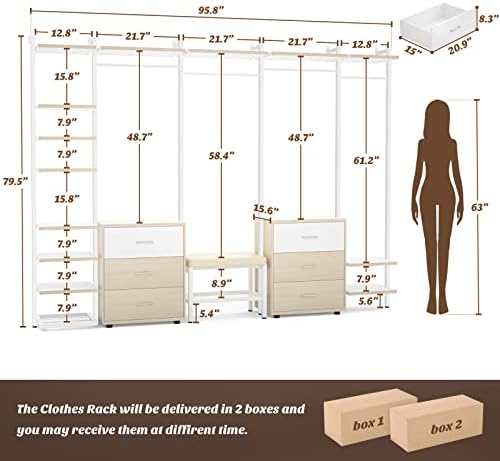 Aheaplus Closet System with 6 Drawers, 8FT Wood & Metal Closet Organizer