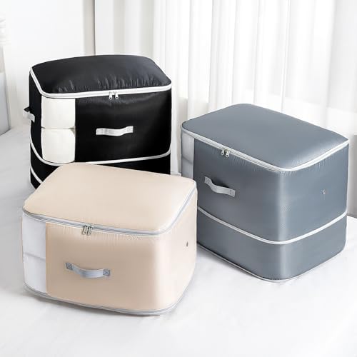 Comforter Storage Bag - Large Capacity Blanket Storage Bags 3-Layer Ultra Space Saving Self Compression Organizer, Washable Bedding Storage Comforter Blanket, 4 Pack, Black