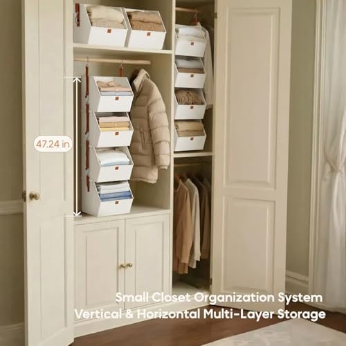 Homsorout Hanging Closet Organizer 4 Tier - Clothes Hanging Shelves, Space-Saving Closet System, Fabric Storage Bins Bedroom Organization, Collapsible Baskets for Home, Dorm, Rv, White, 8 Pack