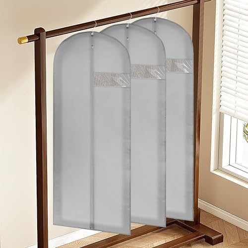 60" Dress Bags for Gowns Long, Garment Bags for Hanging Clothes with Clear Window, Foldable Suit Bag Cover for Travel and Storage (Grey)