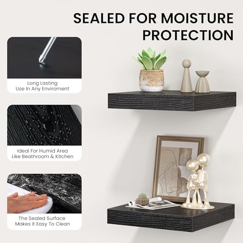 FLYJOE Square Floating Shelves for Wall, 10" W x 10" D x 1.4" H, Small Wooden Wall Mounted Display Shelves with Invisible Brackets for Living Room, Bedroom, Bathroom, Kitchen Decor, Set of 4, Black