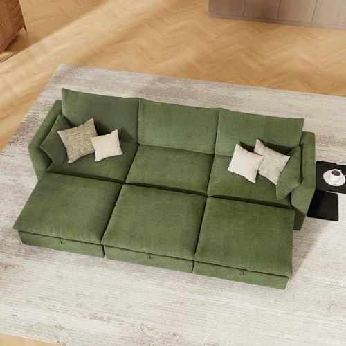 WorthFurni Oversized Modular Sectional Sofa,111" Sleeper Sofa Bed Sectional Cloud Couch with Storage Ottoman,Comfty 6 Seat Modular Sofa for Living Room,Green Chenille