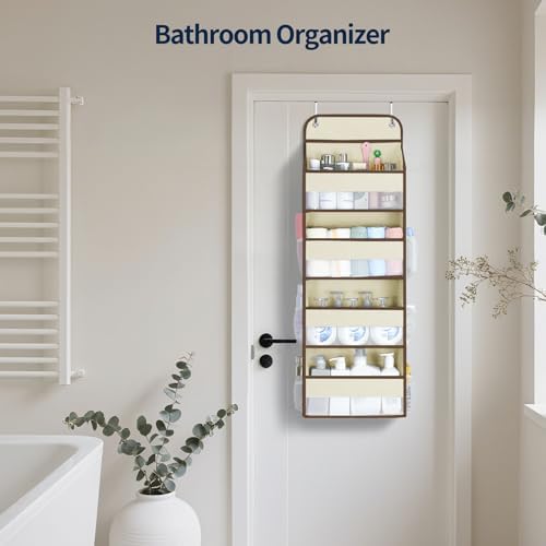 Yecaye Over The Door Organizer, Heavy Duty Hanging Organizers and Storage with 4 Large Capacity Pockets, Swing-Proof Behind The Door Storage for Bathroom Nursery Bedroom Dorm Closet, Beige,1Pc