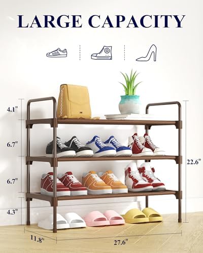 Kitsure Shoe Rack for Closet, Shoe Storage, 27.6" Wide - 3 Tiers, Brown