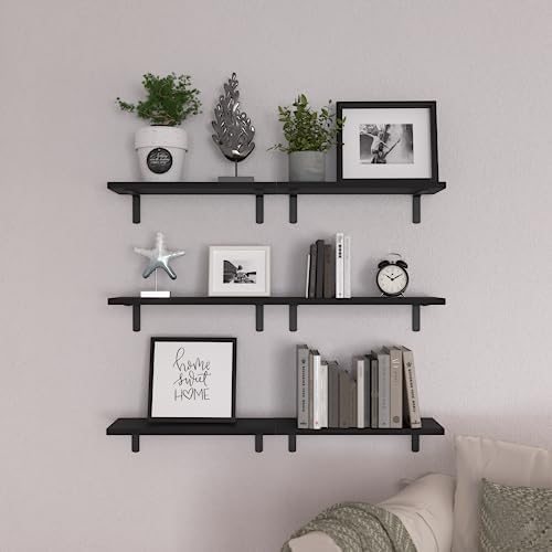 WOPITUES Wood Floating Shelves Set of 6, Shelves for Wall Decor, Farmhouse Shelf for Bedroom, Bathroom Storage Shelves, Book Shelves for Living Room-Black (Pack of 2)