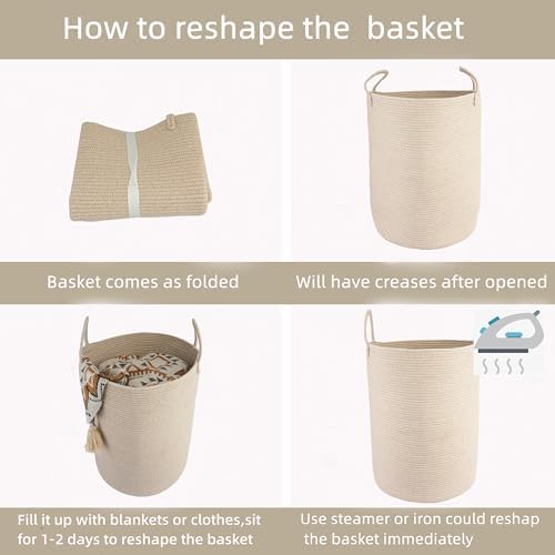 Woven Cotton Rope Laundry Basket Hamper, 16" x 22" Large Oatmeal | Rope storage basket for dirty clothes, toys and blankets. Perfect for bathroom, baby nursery and living room storage.