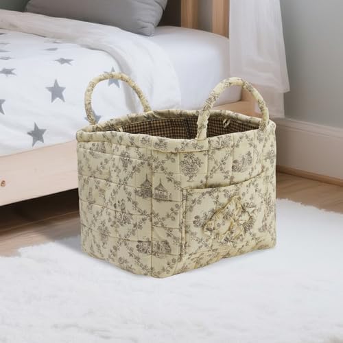 Quilted Fabric Storage Basket with Handles & Pocket, Foldable Laundry Hamper Boho Floral Print Organizer Bin for Home, Picnic, Office 12"x10"x10" (B-1)