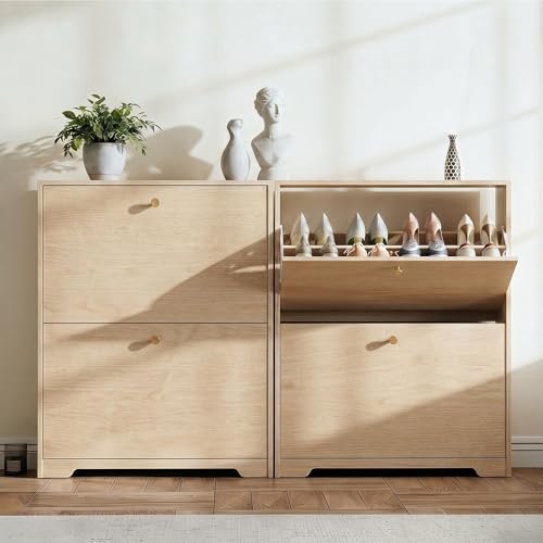 Nicetree Shoe Cabinet with 2 Flip Drawers, Entryway Storage, Natural Oak