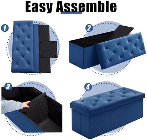 BRIAN & DANY 43 Inches Folding Storage Ottoman Bench, Velvet Ottoman with Storage for Living Room, Bedroom, Entryway, Ottoman Foot Rest, End of Bed Bench (Blue)