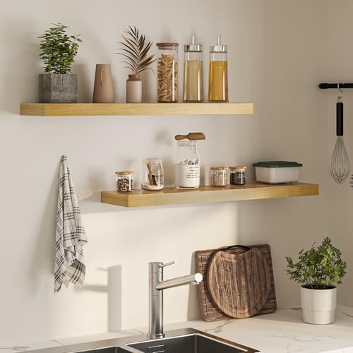 FLYJOE Floating Shelves for Wall, 40" W x 8" D x 1.5" H, Wooden Wall Mounted Display Shelves with Invisible Brackets for Living Room, Bedroom, Bathroom, Kitchen Decor and Storage, Set of 2, Oak