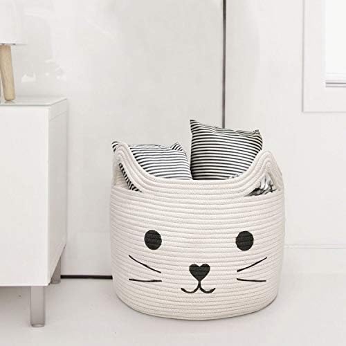 Large Woven Rope Cat Toy Basket with Cat Face Design, White
