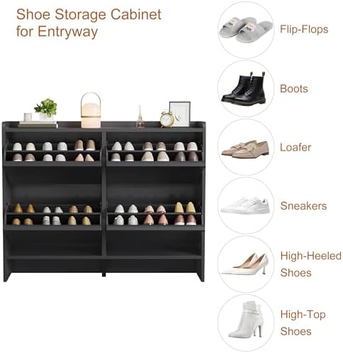 GarveeHome Shoe Cabinet with 4 Flip Drawers, Wooden Shoe Organizer Cabinet with Adjustable Shelf, Shoe Storage for Entryway, Hidden Shoe Cabinet for Hallway, Living Room, Black