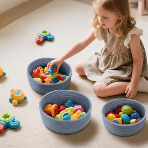 Small Shelf Storage Baskets for Organizing, 6 Pack Round Cotton Rope Bins, Decorative and Cute Woven Baskets for Bedroom and Closet, Key Tray Bowl, Home Decor Countertop Organizer (Blue)
