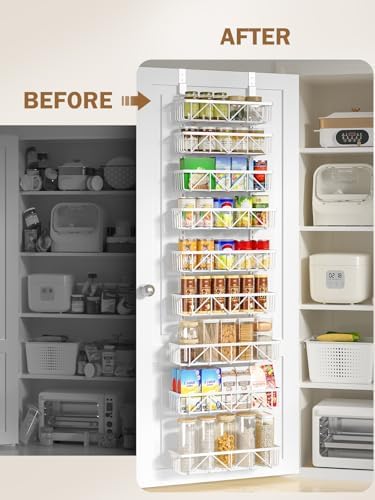 Delamu Adjustable Over the Door Pantry Organizer, 9-Tier Metal Pantry Organization and Storage for Kitchen, Hanging Spice Rack Seasoning Shelves, Cabinet Door Organizer for Easy Install, 16" White