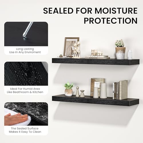 FLYJOE Floating Shelves for Wall, 40" W x 8" D x 1.5" H, Wooden Wall Mounted Display Shelves with Invisible Brackets for Living Room, Bedroom, Bathroom, Kitchen Decor and Storage, Set of 2, Black